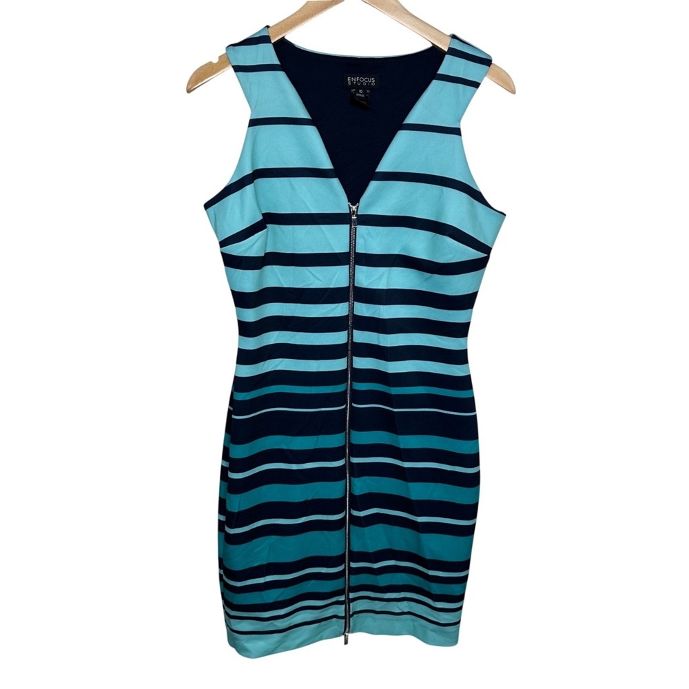 Enfocus Studio Striped V-neck Sleeveless Bodycon Dress size 10 Blue/Teal